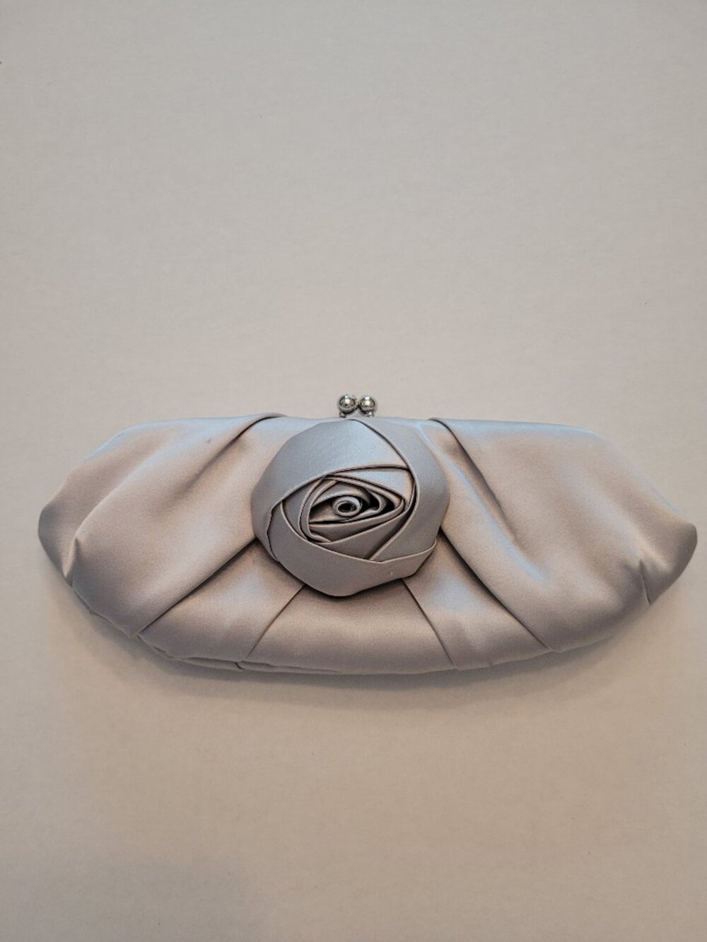 Cache Silver Gray Satin Evening Clutch With Optional Metal Chain Strap, Rosette